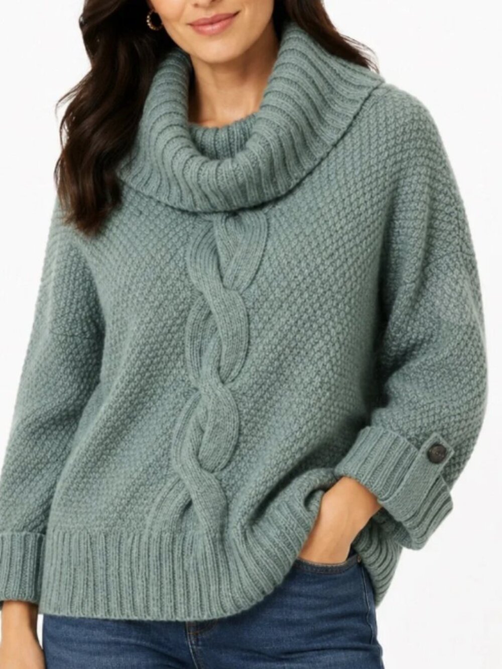 Talbots Sage Green Cowl Neck Cable Knit Sweater Wool Alpaca Blend Small